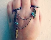 feather and turquoise double ring, slave ring, connected rings, chain rings, tribal ring, unique ring
