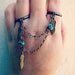 feather and turquoise double ring, slave ring, connected rings, chain rings, tribal ring, unique ring