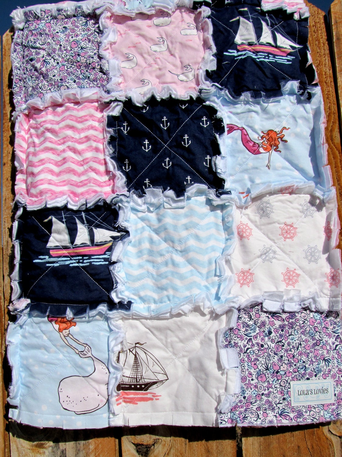 Out to Sea By Sarah Jane Crib Size Rag Quilt made with Michael Miller Fabrics and Minky Backing 35" X 45"
