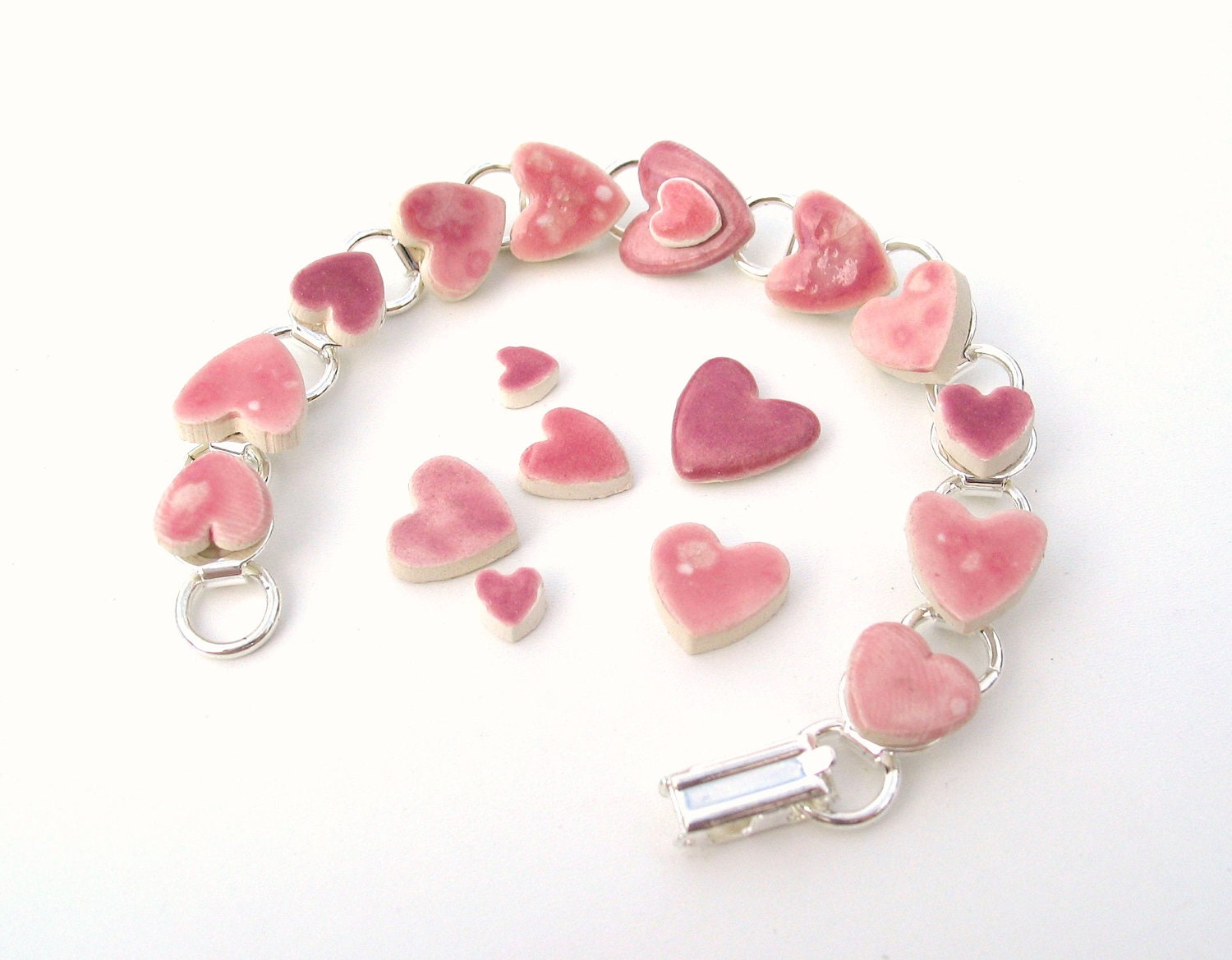 Pink Bracelets on Pink Bracelet Ceramic Hearts Silver Plated By Damsontreepottery