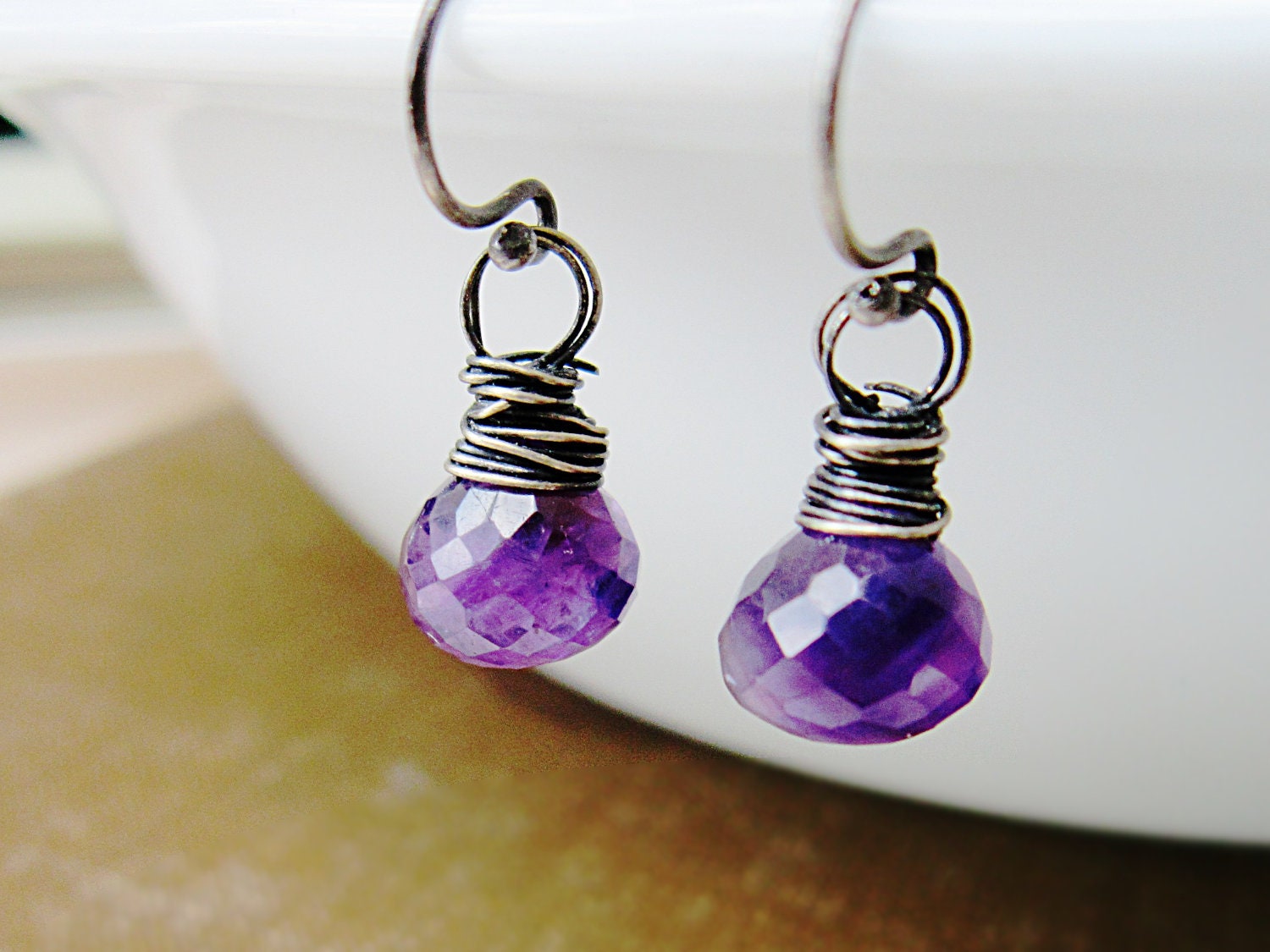 Cyber Monday Etsy Jewelry Violet Earrings Amethyst Oxidized Silver wire wrap February Birthstone Under 30
