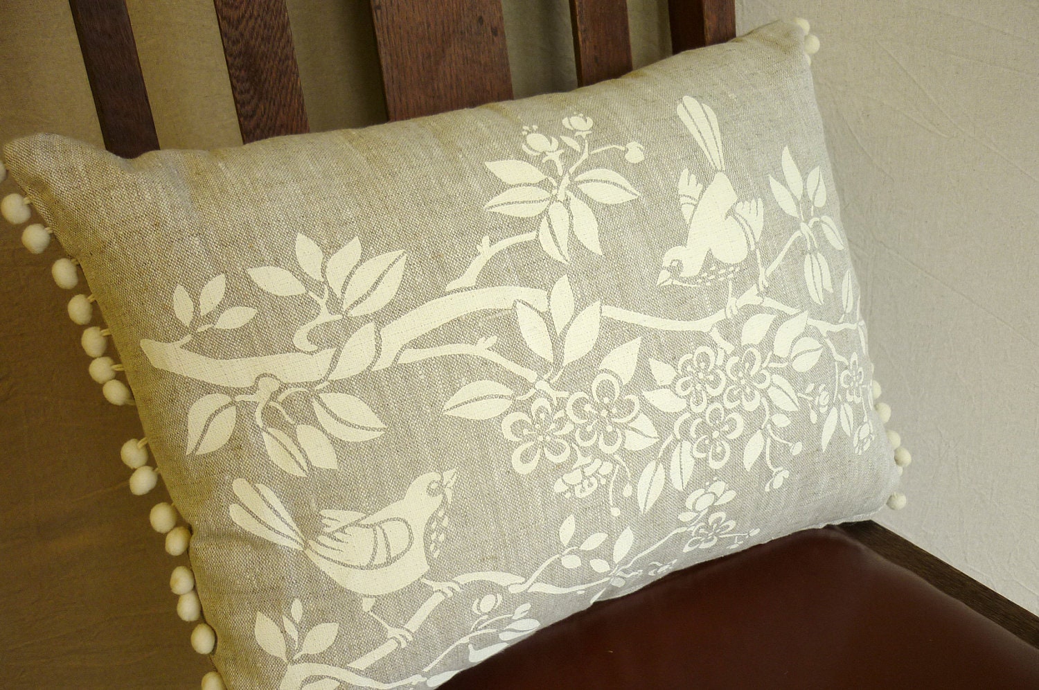 hand printed cushion  - botanical blossom bird on linen - cream