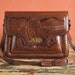 INSANE vintage 70s tooled leather Bag//Tribal Aztec impressions//Face//Huge//Ajustable Strap//Navajo//India