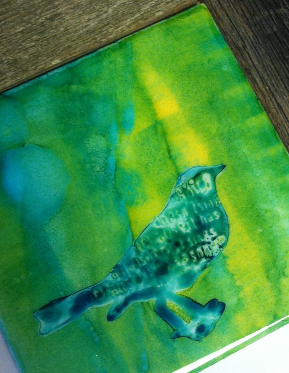 Original Hand-colored Art Tile- Abstract Bird- unique accent or backsplash tile - blue green yellow- gifts under 10