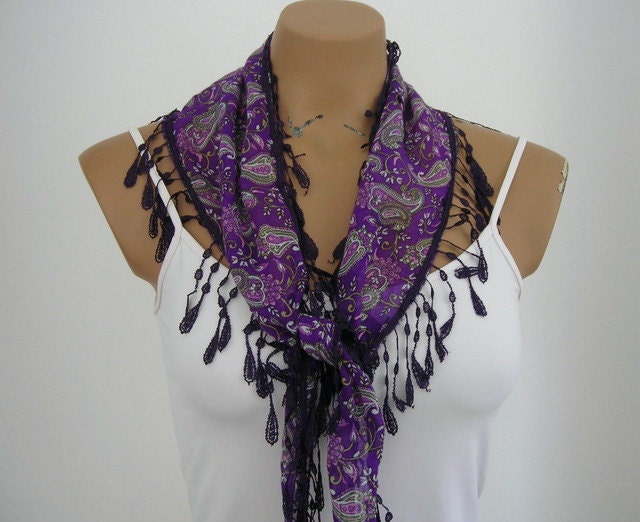 Woman Cotton Scarf in Purple Green Pink Paisley Scarf Summer Fashion