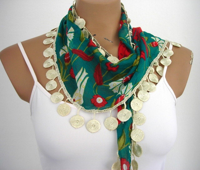 Dark Spring Green Scarf with Lame Yellow Circle Lace Cowl Shawl