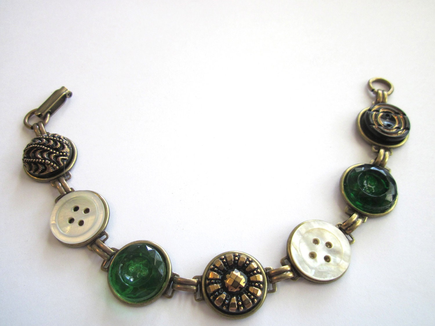 Antique button bracelet, glass and mother of pearl shell buttons, green and gold