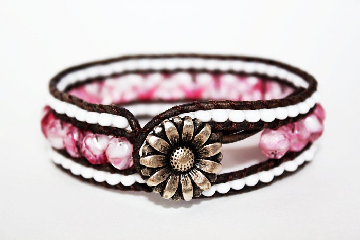Bohemian Bracelet, Leather Triple Row Cuff Bracelet, Boho Chic, Wrap Bracelet, Daisy Bracelet, Pink and White Swirl 1x