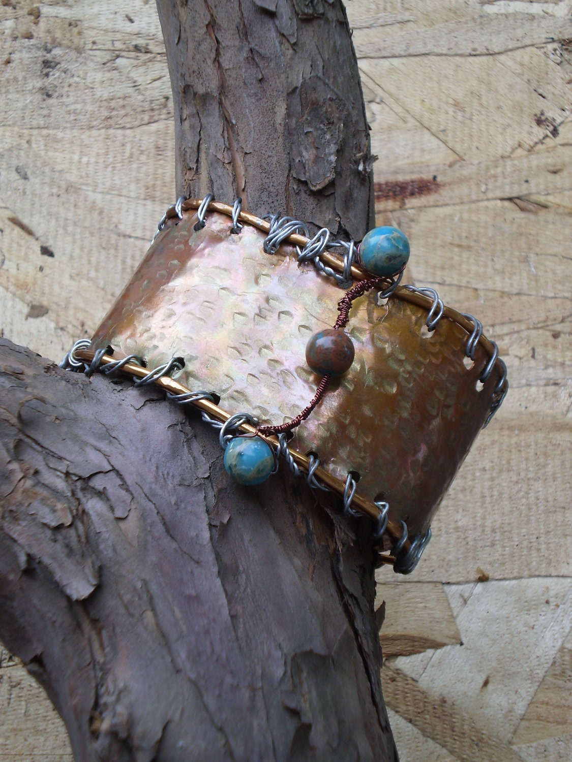 One of a Kind Copper Cuff: Eye of the Storm Metal and Bead Wrist Cuff Bracelet