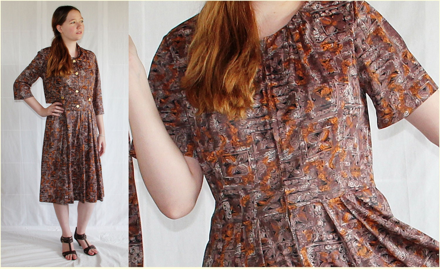 60s Dress / Mad Men / Office Fashion / Cappuccino Black Orange Abstract Print / Dress Jacket Separates / by Shelton Strollers
