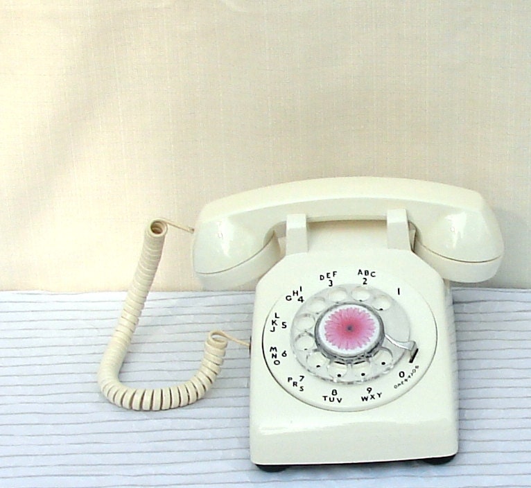 Vintage Rotary Telephone - White 1969 Dial Phone with Pink Flower insert - Shabby Chic - 1960's