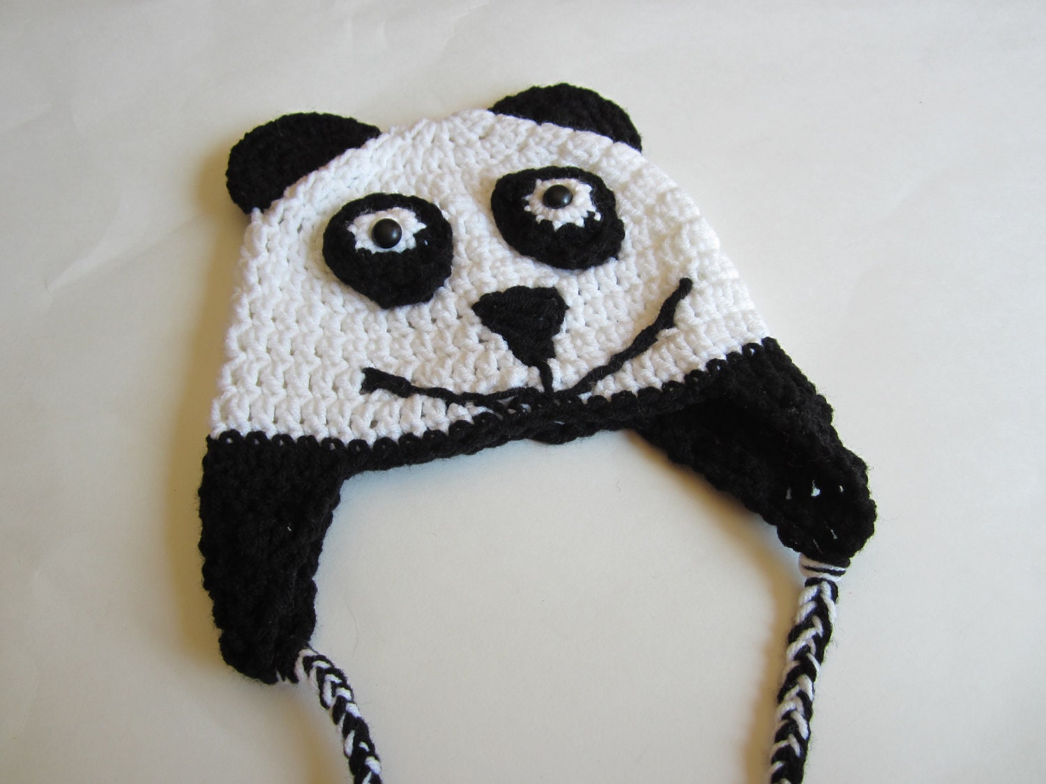 Crocheted Panda Hat Black & White Bear Beanie. Baby Toddler / Child. Photo Prop