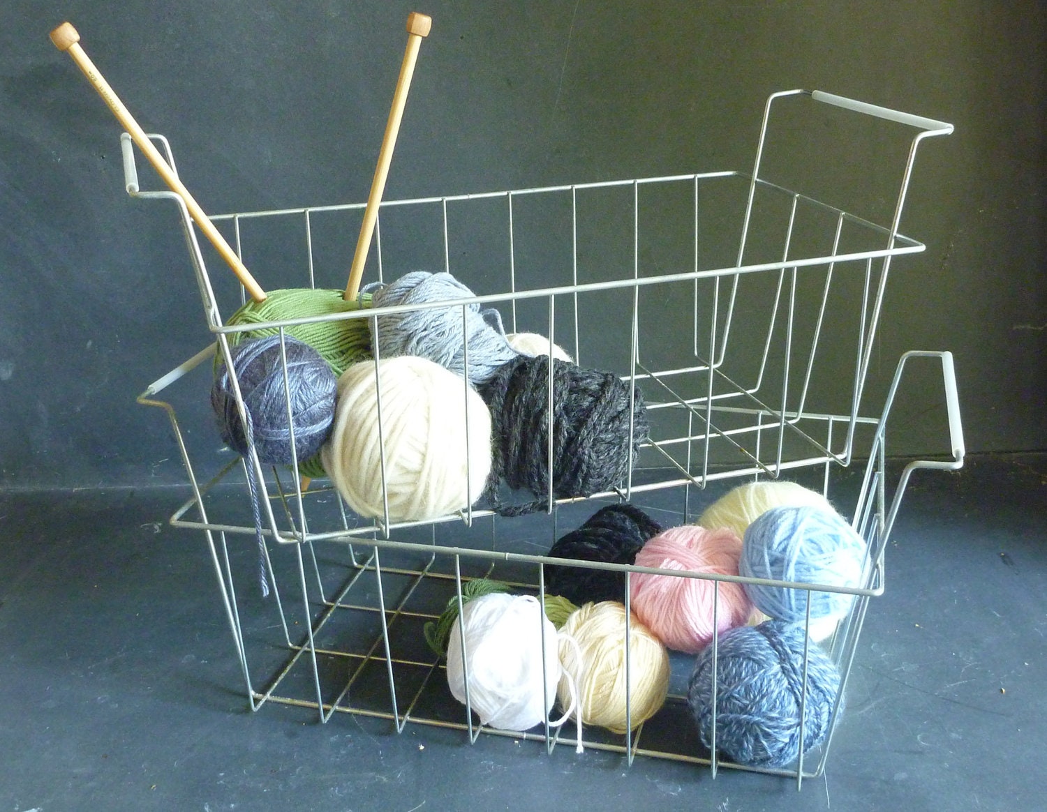 Vintage wire baskets - set of two metal storage baskets