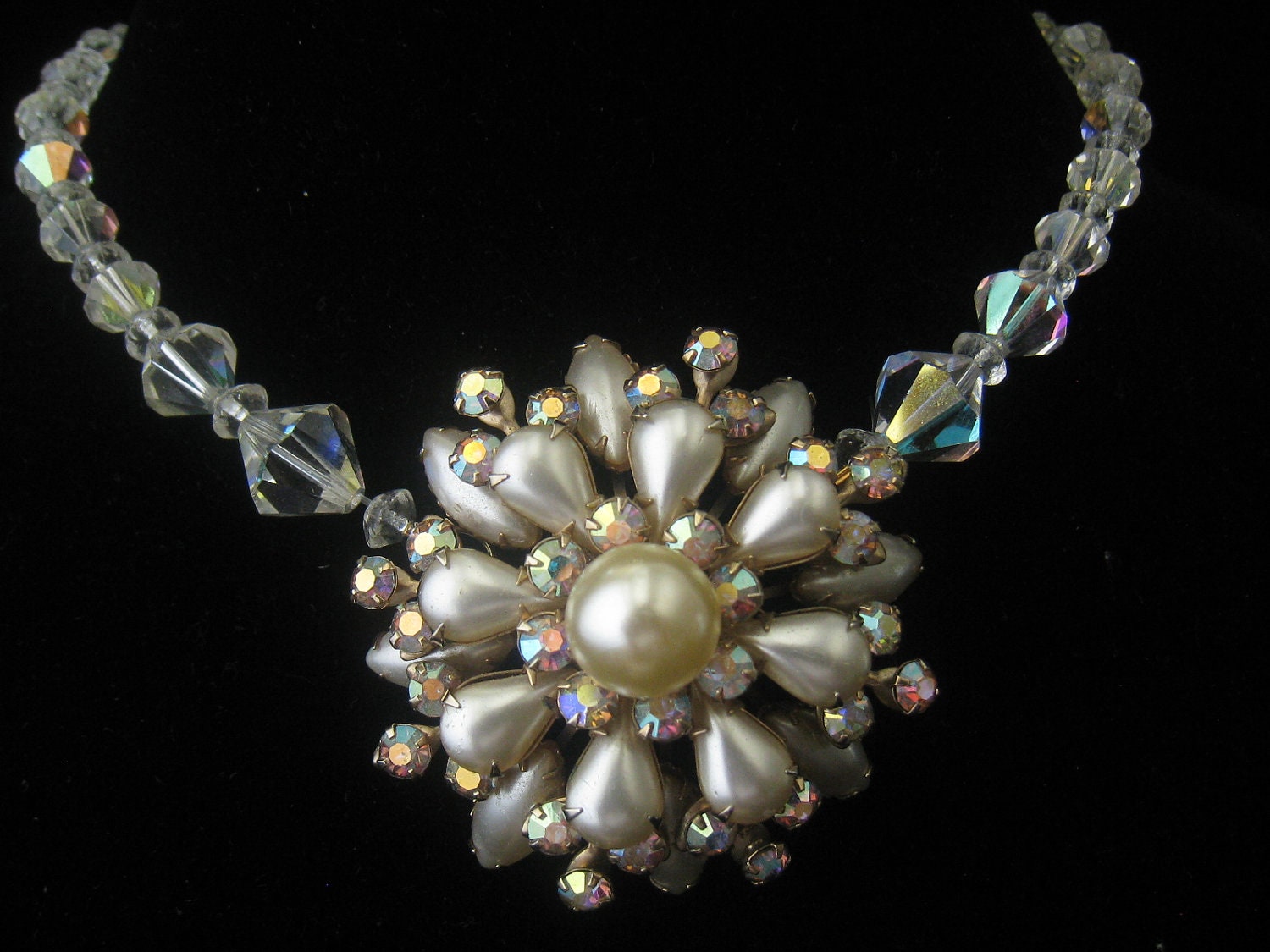 RESERVED for V. Upcycled Pearl & AB Crystal Necklace has Cathe Brooch at center and Teardrop Pearl with AB crystal drop at clasp