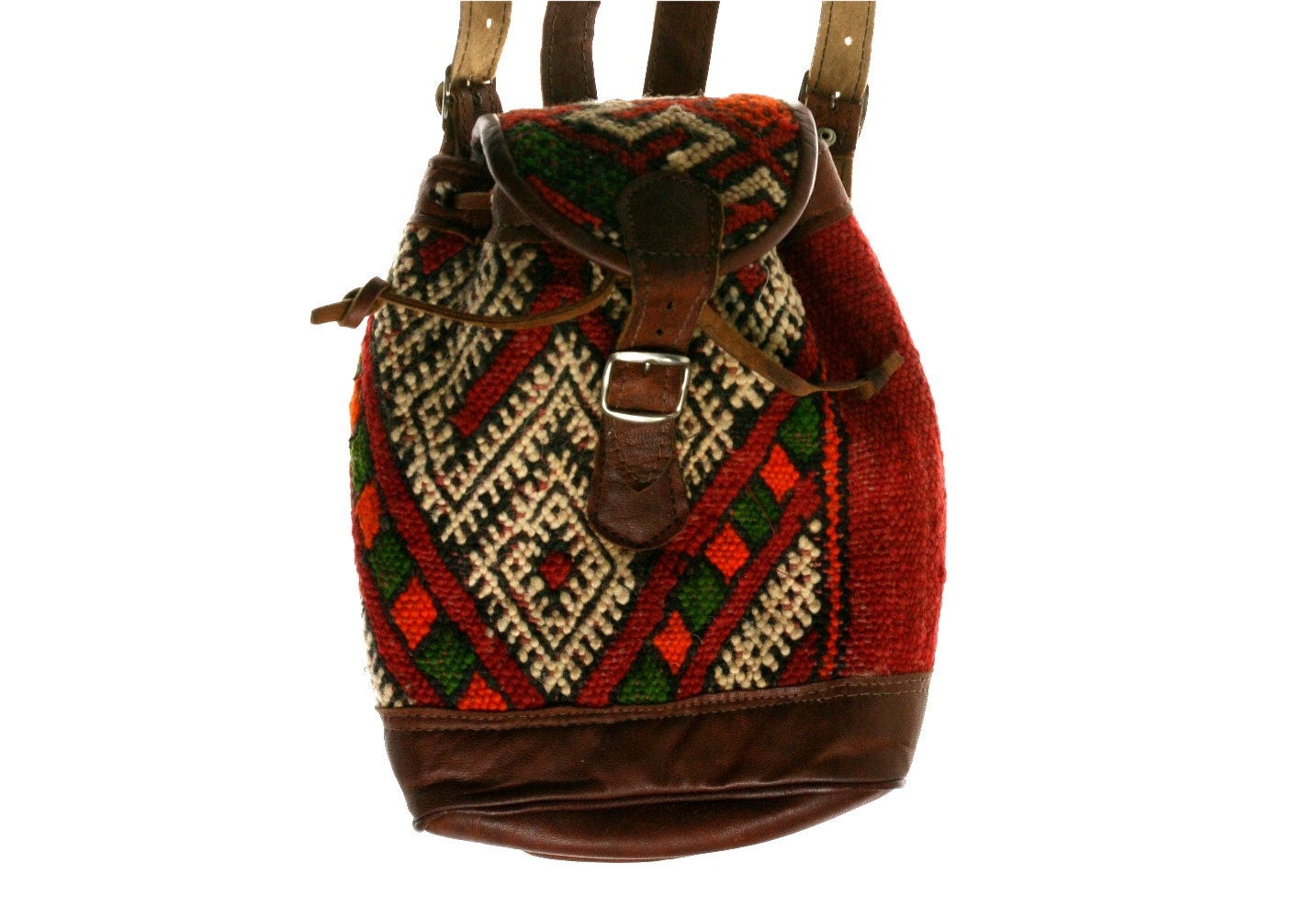 Vintage Moroccan Leather Kilim Backpack, Brown Woven