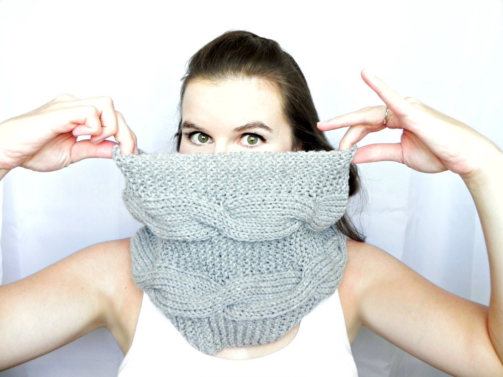 Infinity Scarf: hand knit grey double cable chunky scarf, unisex, cowl, hood, warm, snuggly, loop scarf, circle scarf