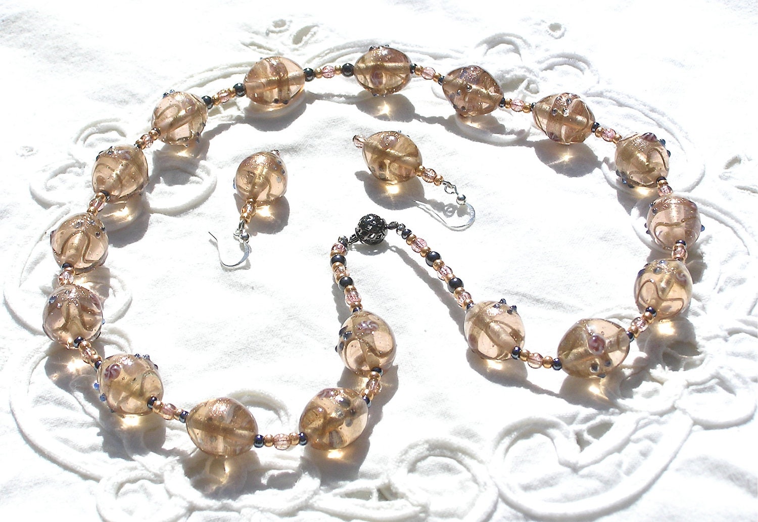Necklace Lampwork Gold Inda Glass Beads & Free Earrings  .-.  Mind4Design