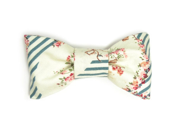 Stripe Teal, White, flowers wedding bowtie Kids Clip-On Bow Tie