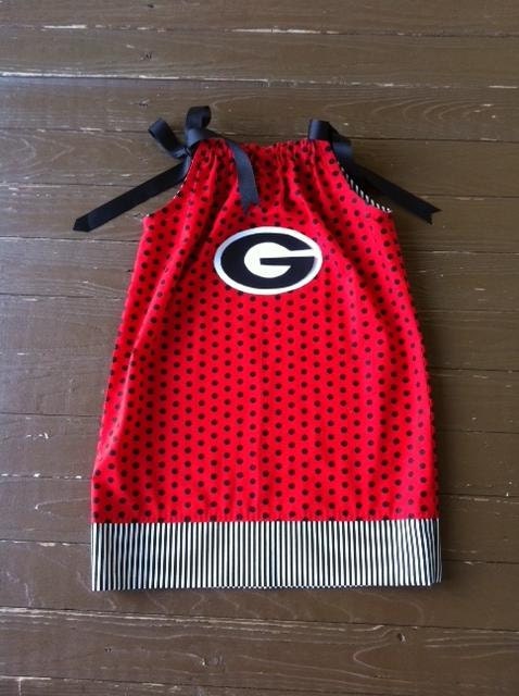 Custom boutique. Girls Georgia Bulldogs applique pillowcase dress. Red, black, white polka dot & collegiate fabric. By EverythingSorella