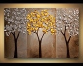 ORIGINAL Abstract Contemporary Gold Silver  Blossom Acrylic Tree Painting Landscape Palette Knife Texture by Osnat Ready to Hang