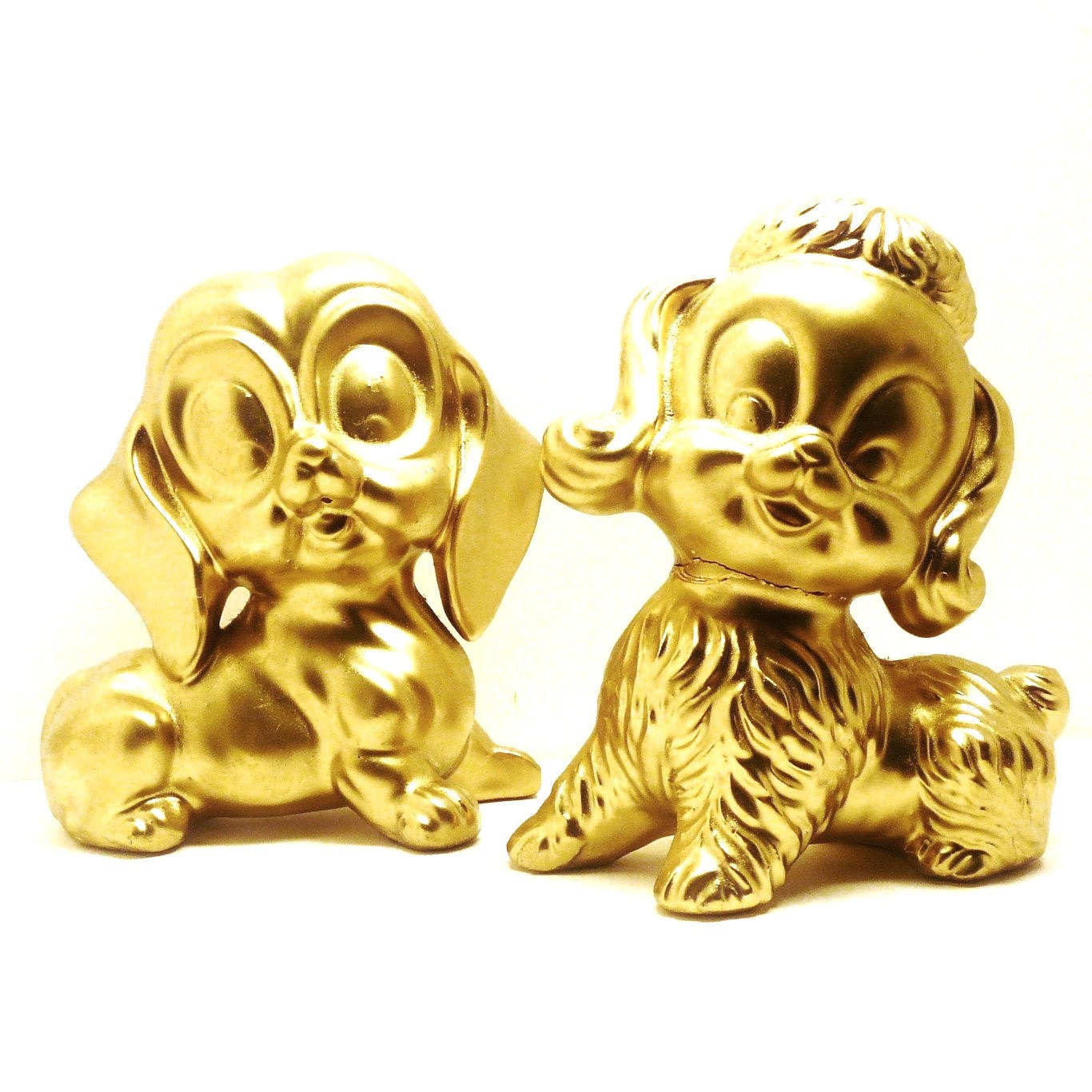 vintage dog figurines  //  kitschy decor,  metallic gold, upcycled, spray paint, ceramic figurine, retro, dogs, kitsch, regency