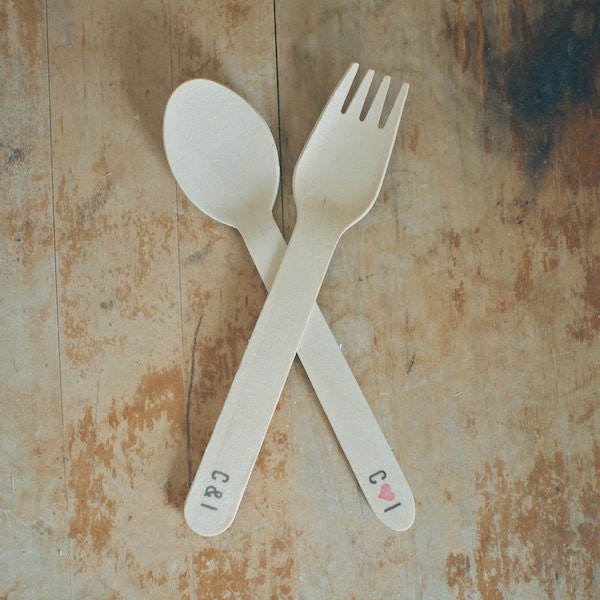 15 Disposable Wood Spoons with Custom Hand-Stamped Text on Handle for Weddings and Events
