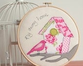 Pink Birdhouse Embroidery Hoop Artwork