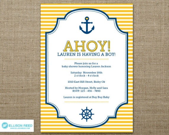 Nautical Baby Shower Invitation - Anchor Invitation - Nautical Printable - Ahoy - Boy Baby Shower - Girl - Sprinkle - Yellow - Blue Il_570xn
