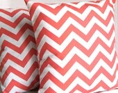 Coral Pillow Covers - TWO 18x18 inch Chevron Decorative Cushion Covers - Coral and White Zig Zag, More Sizes Available