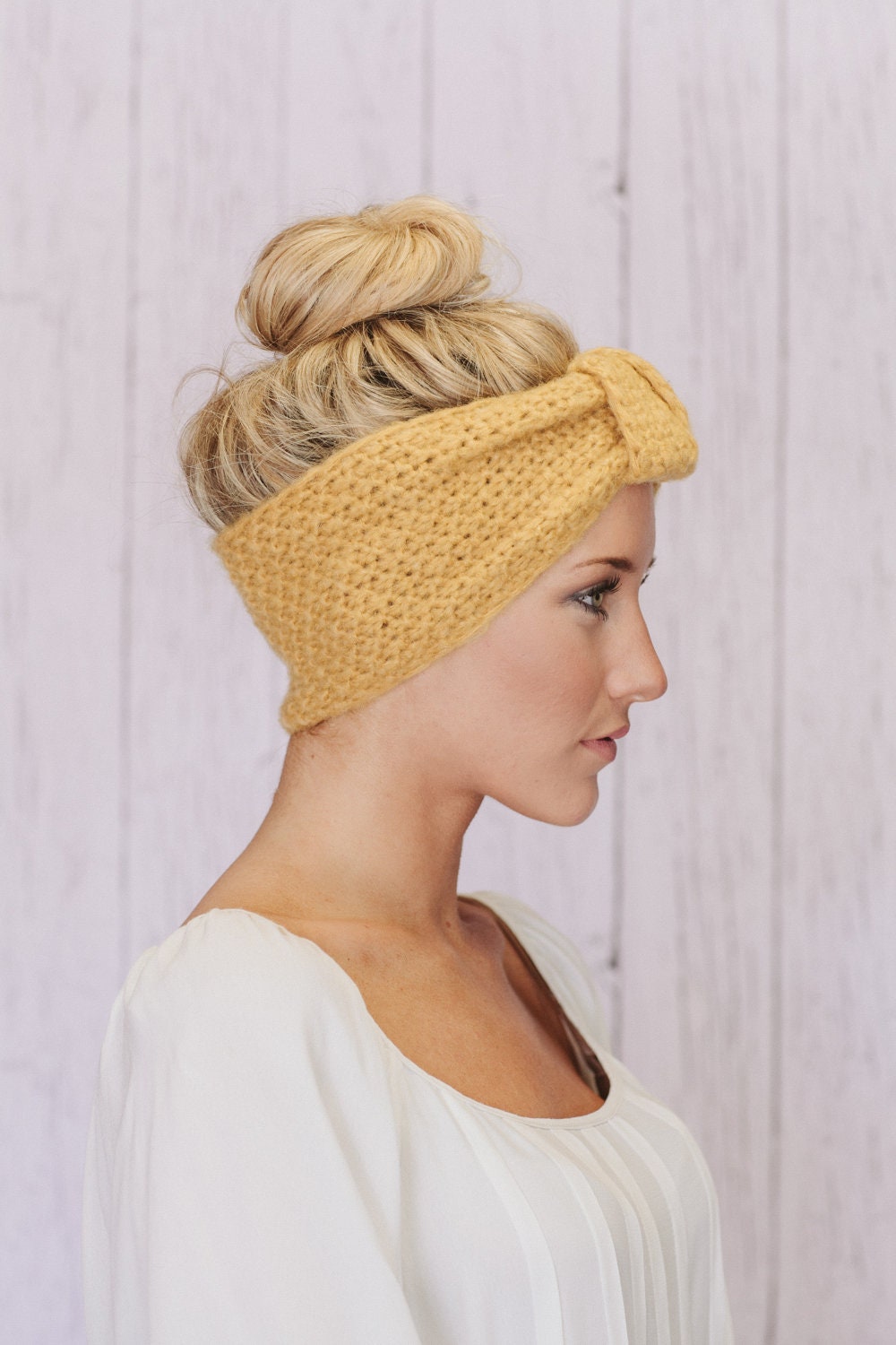 Mustard Knitted Knotted Mohair Ear Warmer Headband - Knot Just Any Ear Warmer in Mustard