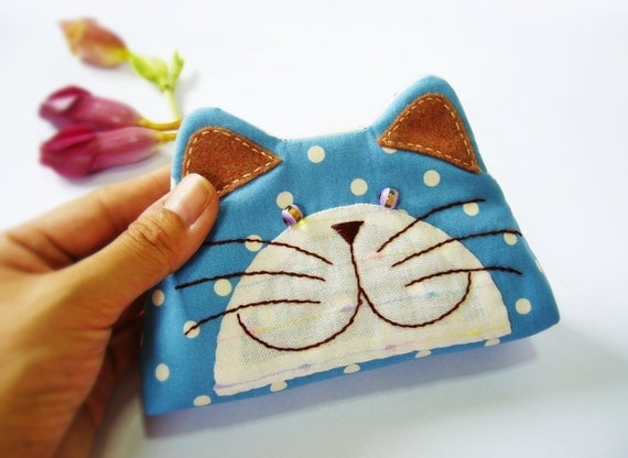 Cat purse / Cat zipper purse / Cat coin purse / Hand embroidery / Gift bag / Small bag zippered