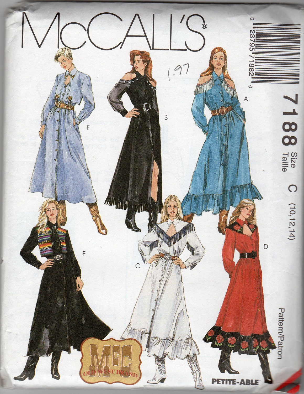 Womens' Western Dress Pattern - Size 10, 12, 14, Bust 32 1/2, 34", 36" - McCall's 7188