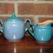 Red Letter Japan Beautiful Blue Lusterware Creamer and Sugar Set Marked