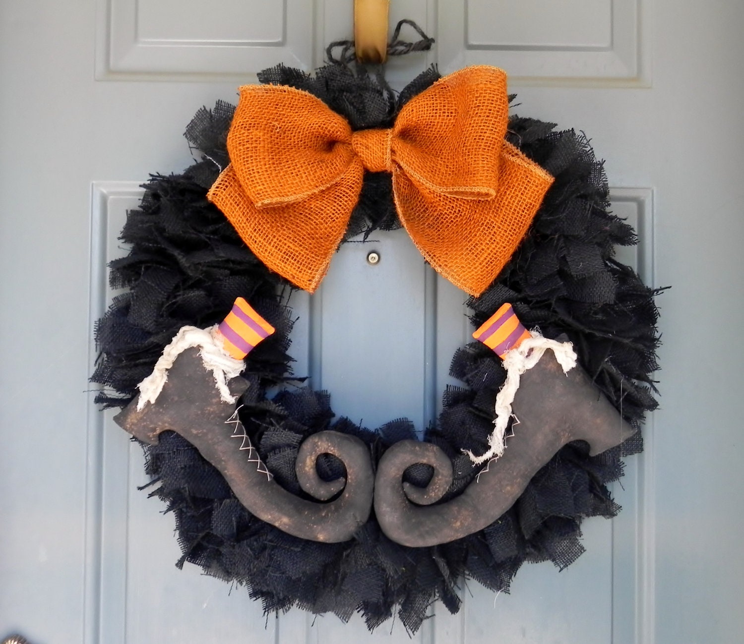 Burlap Halloween Wreath (Size X-Large) with Primitive Witch Boots PAIR - (customize the stocking colors) THE ORIGINAL