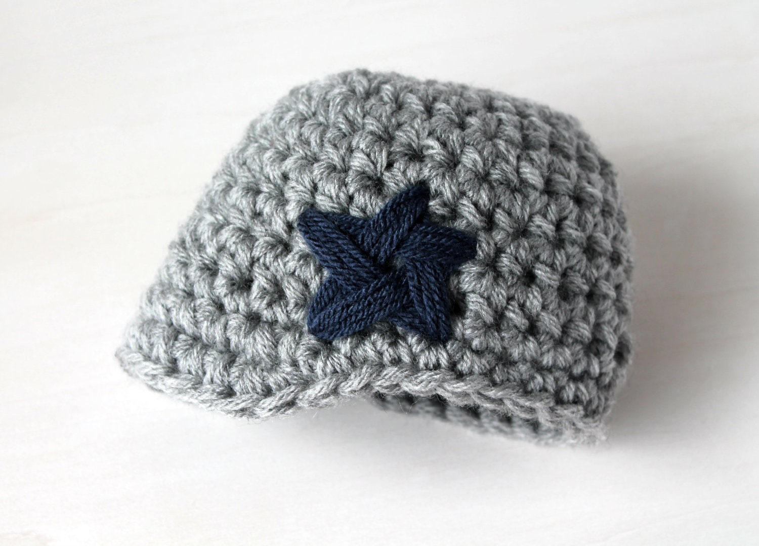 Brimmed Beanie Hat for Baby Boy with Embroidered Star - Silver Gray and Blue - Cowboys Colors - Newborn - READY TO SHIP