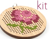 DIY Cross Stitch Necklace Kit - Bamboo with Antique Flower Pattern - Round