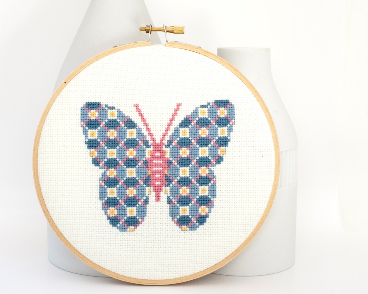 Cross stitch pattern PDF - Patterned butterfly in blue, pink, and yellow