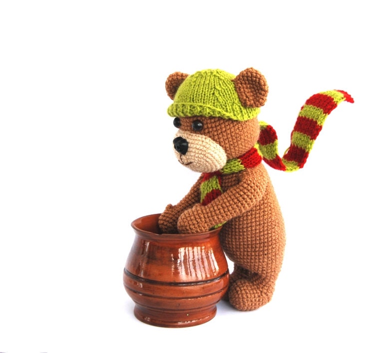 teddy bear, amigurumi brown bear, crocheted animal toy, brown green plushie for children, cuddly, softie