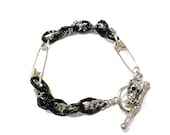 Black & Silver Chain Safety Pin Bracelet with Skull Toggle