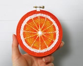 Orange Kitchen Wall Art, Embroidery Hoop Art, Painted Burlap, Fabric Wall Art, Hand Sewn Textile Art, Mixed Media Painting, Fiber Art