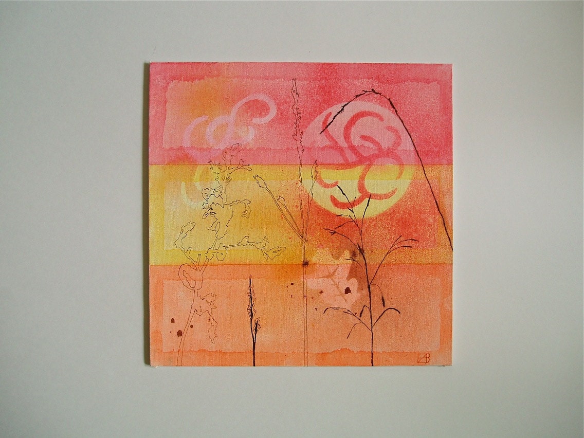 Original Mixed Media, 12x12, Red, Yellow and Orange Sunset Painting, Shadow Series IV: Fire