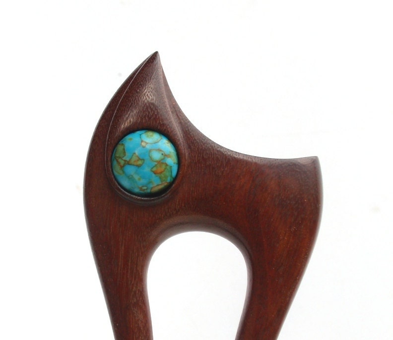 Wooden hair fork, 2 prong, Hair sticks, Wood, Mosaic Turquoise, Teak, Hairpin, Handmade, Gemstone