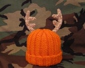 Daddy's Little Deer Hunter Crochet Blaze Orange Beanie Hat with Deer Antlers 6-12 months