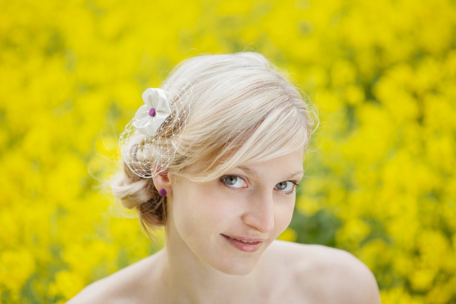 Bridal headpiece, fascinator, wedding hair accessoiry  with silk kanzashi flower with purple dot and veiling,  by noni mode