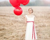 Lilli- short empire wedding dress with square neckline,  subtle embroidery and raspberry- red ribbon, by noni - mode
