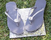 Spring BLING- Dark Grey Crystal Flip Flops With Giant Rhinestone Center