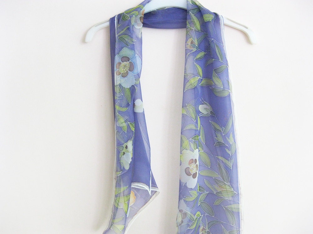 Long silk scarf Hand painted Christmas gift Royal blue white flowers - made TO ORDER