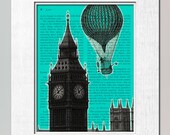 Arriving in London, big ben clock towers, westminster abbey Print on salvaged page book art print from original linocut design
