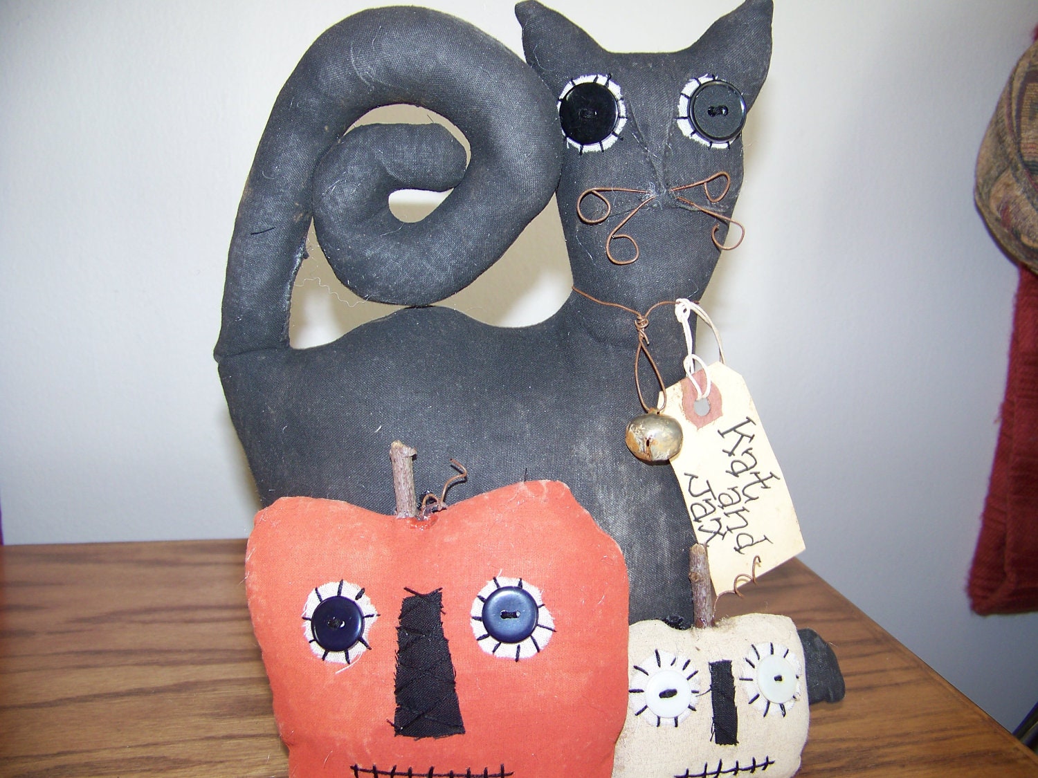 Primitive Cat and Jacks Fabric Shelf Sitter/Doll for Fall and Halloween