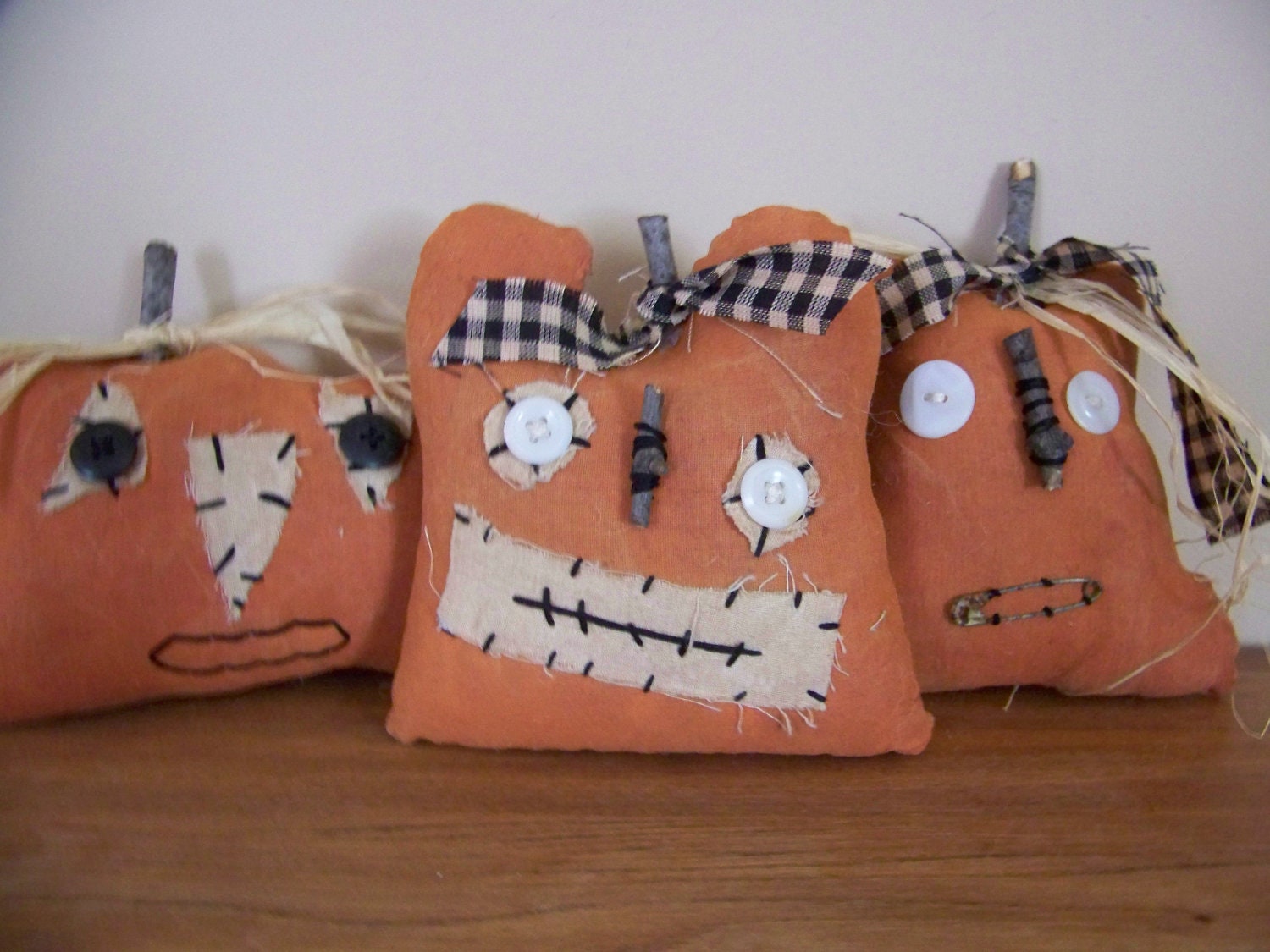 Set of 3 Prim, Grim, Grungy Pumpkin Face Halloween Jack-o-Lantern Bowl Fillers/Tucks/Shelf Sitters